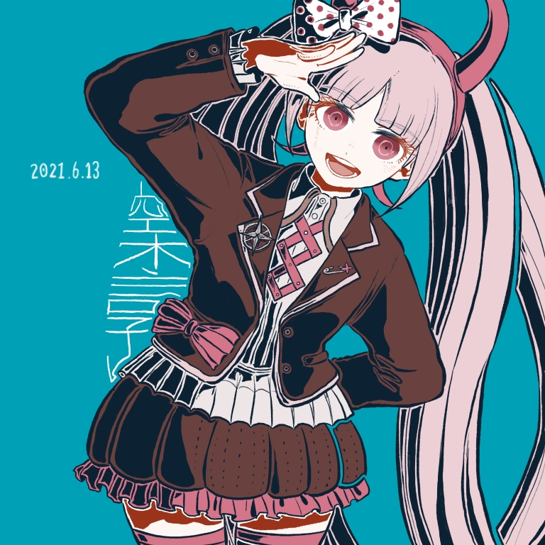 1girl animal_ears arm_behind_back bangs black_jacket bow brown_jacket commentary_request dangan_ronpa_(series) dangan_ronpa_another_episode:_ultra_despair_girls dated eyebrows_visible_through_hair fake_horns green_background hair_bow hairband hand_up horns jacket kiri_(2htkz) long_hair looking_at_viewer open_clothes open_jacket open_mouth pink_eyes pink_hair pleated_skirt polka_dot polka_dot_bow rabbit_ears shirt skirt smile solo teeth thigh-highs twintails utsugi_kotoko very_long_hair white_shirt zettai_ryouiki