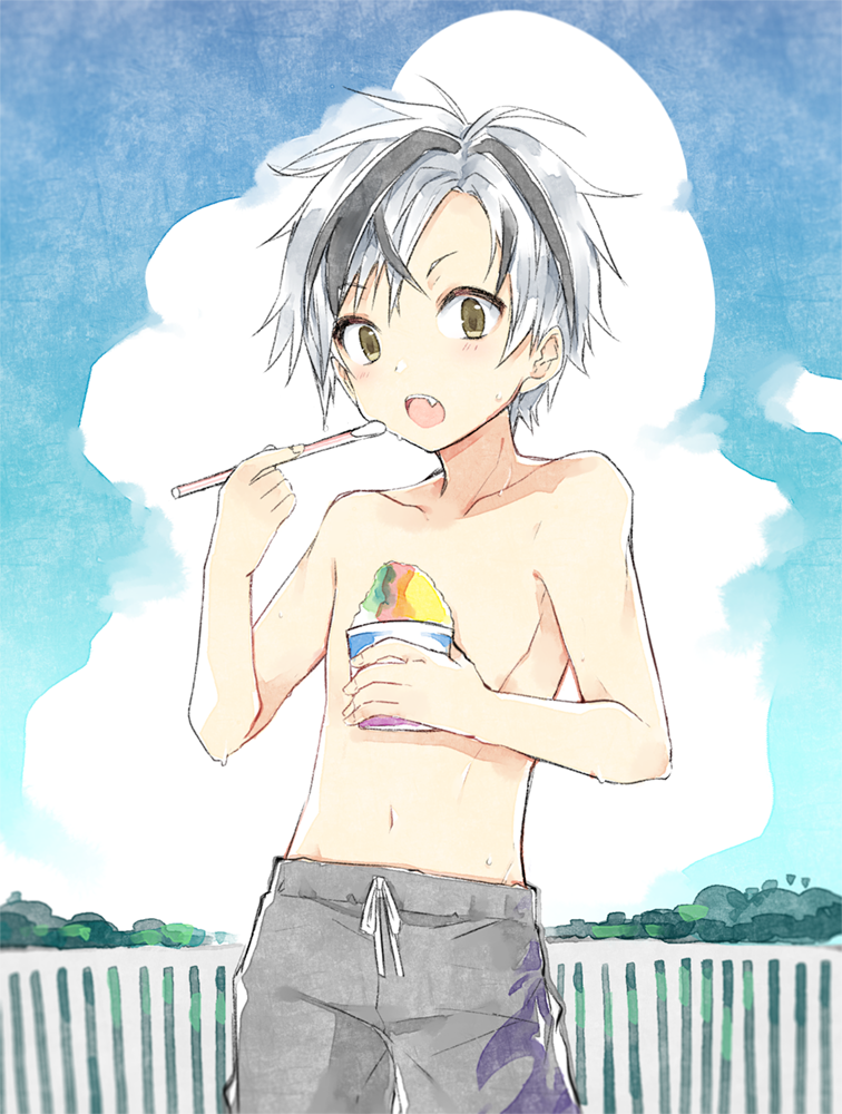 1boy bangs black_hair black_male_swimwear blue_sky brown_eyes clouds cloudy_sky collarbone cup day disposable_cup eyebrows_visible_through_hair fang grey_hair holding holding_cup kamiyoshi_rika looking_at_viewer male_focus male_swimwear multicolored_hair navel nijisanji open_mouth outdoors railing shaved_ice sky solo standing streaked_hair suzuki_masaru sweat swim_trunks v-shaped_eyebrows virtual_youtuber