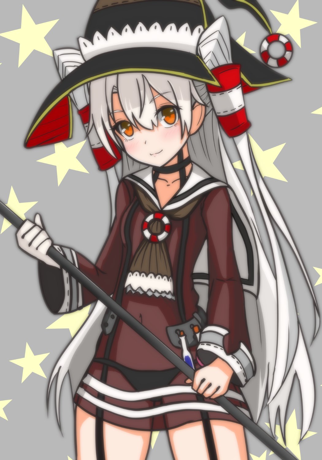 1girl amatsukaze_(kancolle) black_headwear black_panties brown_dress brown_eyes commentary_request cowboy_shot daichi_(daiti1318) dress garter_straps gloves grey_background hair_tubes hat highres kantai_collection lifebuoy_ornament long_hair panties sailor_dress see-through short_dress silver_hair single_glove solo staff starry_background two_side_up underwear white_gloves windsock witch_hat
