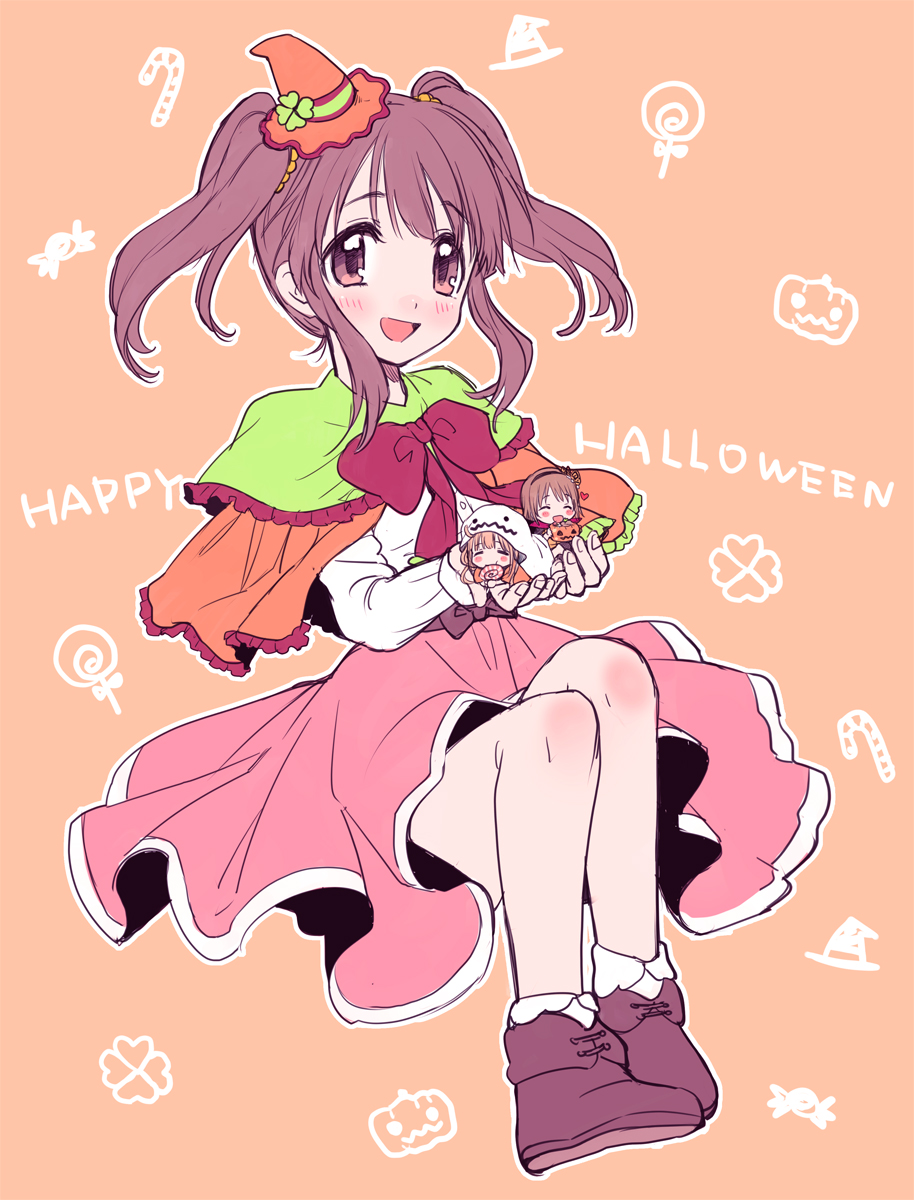 1girl :d amezawa_koma blush bow bowtie brown_eyes brown_footwear brown_hair capelet character_request chibi happy_halloween hat highres holding idolmaster idolmaster_cinderella_girls legs_together looking_at_viewer mini_hat ogata_chieri open_mouth orange_background orange_headwear pink_skirt red_bow red_neckwear shoes skirt smile twintails witch_hat