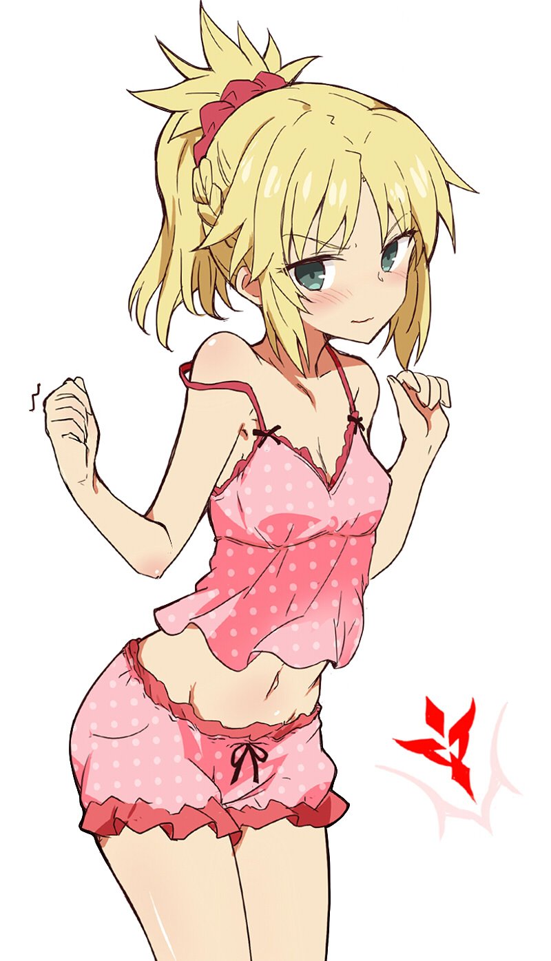1girl alternate_costume blush breasts clenched_hand clothing_request command_spell fate/grand_order fate_(series) green_eyes groin hair_ornament hair_scrunchie highres itamochi looking_at_viewer midriff mordred_(fate)_(all) navel polka_dot ponytail red_scrunchie scrunchie small_breasts solo strap_slip v-shaped_eyebrows white_background
