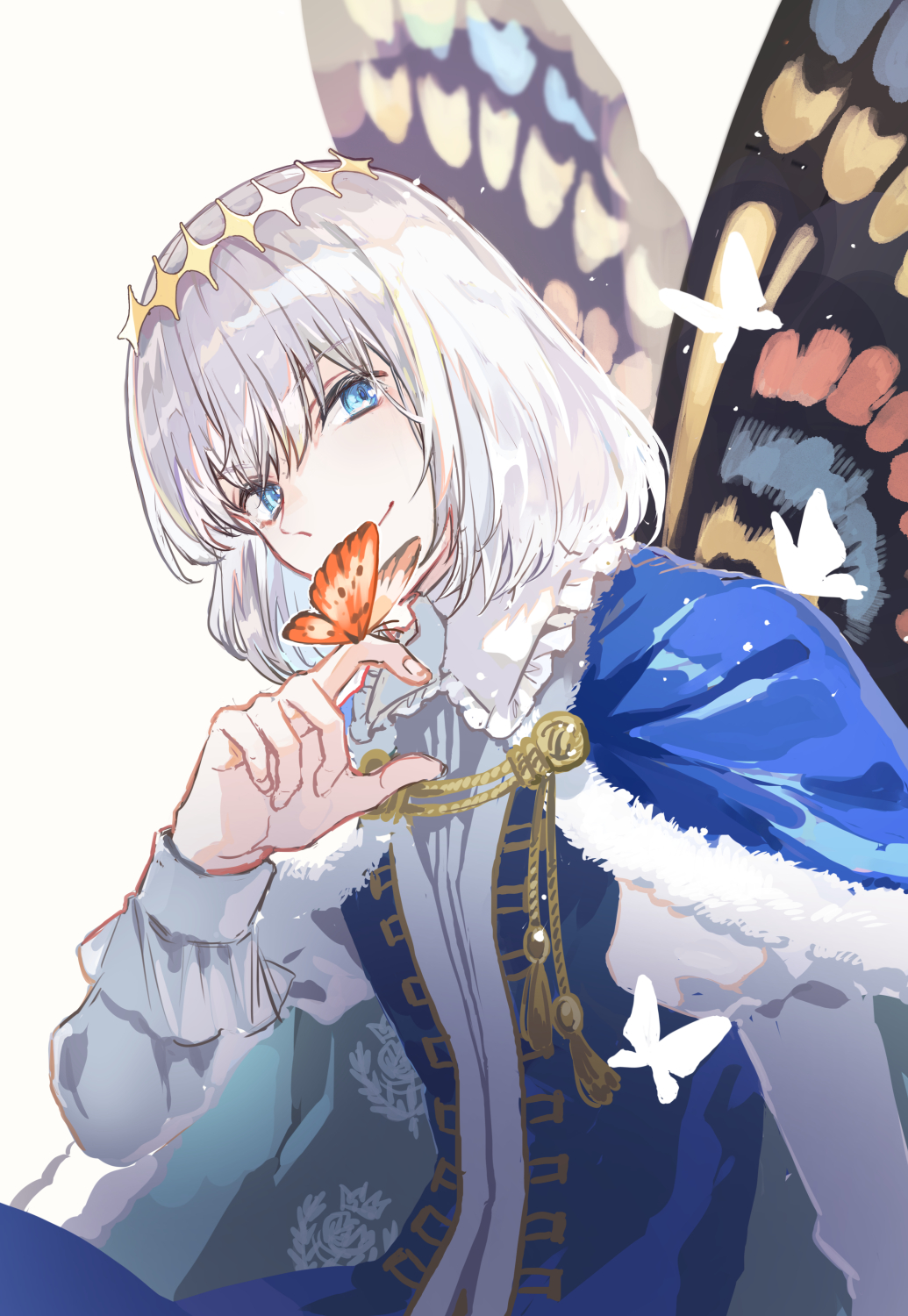 1boy blue_eyes bug butterfly butterfly_wings cape fate/grand_order fate_(series) highres insect insect_on_finger male_focus oberon_(fate) poppoman silver_hair smile white_background wings