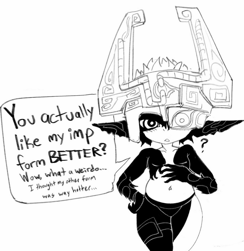 ? black_panties black_skin blush breasts colored_skin english_text gigawix hand_on_hip hand_on_own_chest helmet imp midna monochrome multicolored multicolored_skin navel one_eye_covered panties pointy_ears small_breasts speech_bubble the_legend_of_zelda the_legend_of_zelda:_twilight_princess underwear white_skin