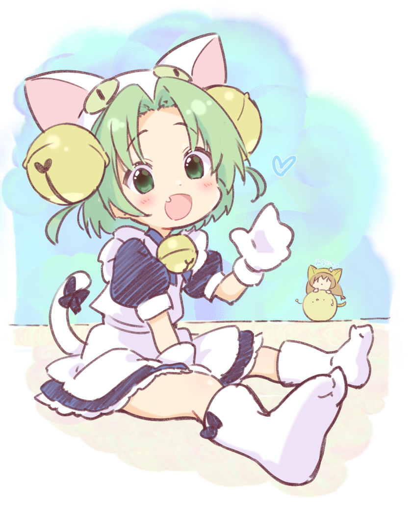 2girls :d animal_ears animal_hat apron bangs bell blue_bow blue_dress blush boots bow brown_hair cat_ears cat_hat cat_tail collared_dress dejiko di_gi_charat dress eyebrows_visible_through_hair fake_animal_ears fang gema gloves green_eyes green_hair hair_bell hair_ornament hand_up hat heart jigatei_(omijin) jingle_bell knee_boots looking_at_viewer maid_apron multiple_girls open_mouth parted_bangs puchiko puffy_short_sleeves puffy_sleeves shoe_soles short_sleeves sitting smile solo_focus tail tail_bow tail_ornament translation_request white_apron white_footwear white_gloves white_headwear
