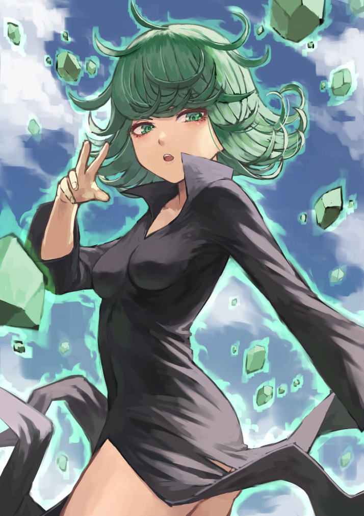 1girl ass bangs black_dress blush breasts collarbone commentary_request cowboy_shot curly_hair day dress fagi_(kakikaki) flipped_hair from_side green_eyes green_hair hand_up long_sleeves looking_at_viewer medium_hair one-punch_man open_mouth outdoors rock side_slit small_breasts solo tatsumaki upper_teeth