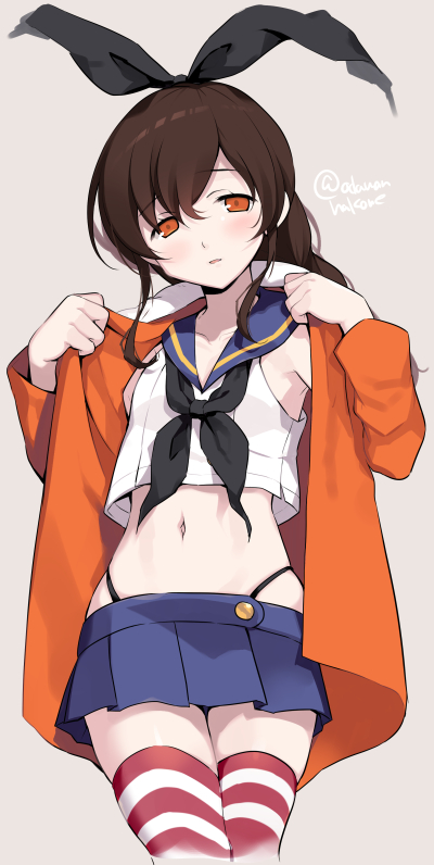 1girl black_neckwear black_panties blue_skirt blush brown_hair cosplay crop_top eyebrows_visible_through_hair hair_ribbon highleg highleg_panties jacket kantai_collection long_hair long_sleeves looking_at_viewer midriff miniskirt navel neckerchief odawara_hakone orange_eyes orange_jacket panties pleated_skirt ponytail ribbon sailor_collar school_uniform serafuku shimakaze_(kancolle) shimakaze_(kancolle)_(cosplay) simple_background skirt sleeveless solo souya_(kancolle) striped striped_legwear thigh-highs twitter_username underwear