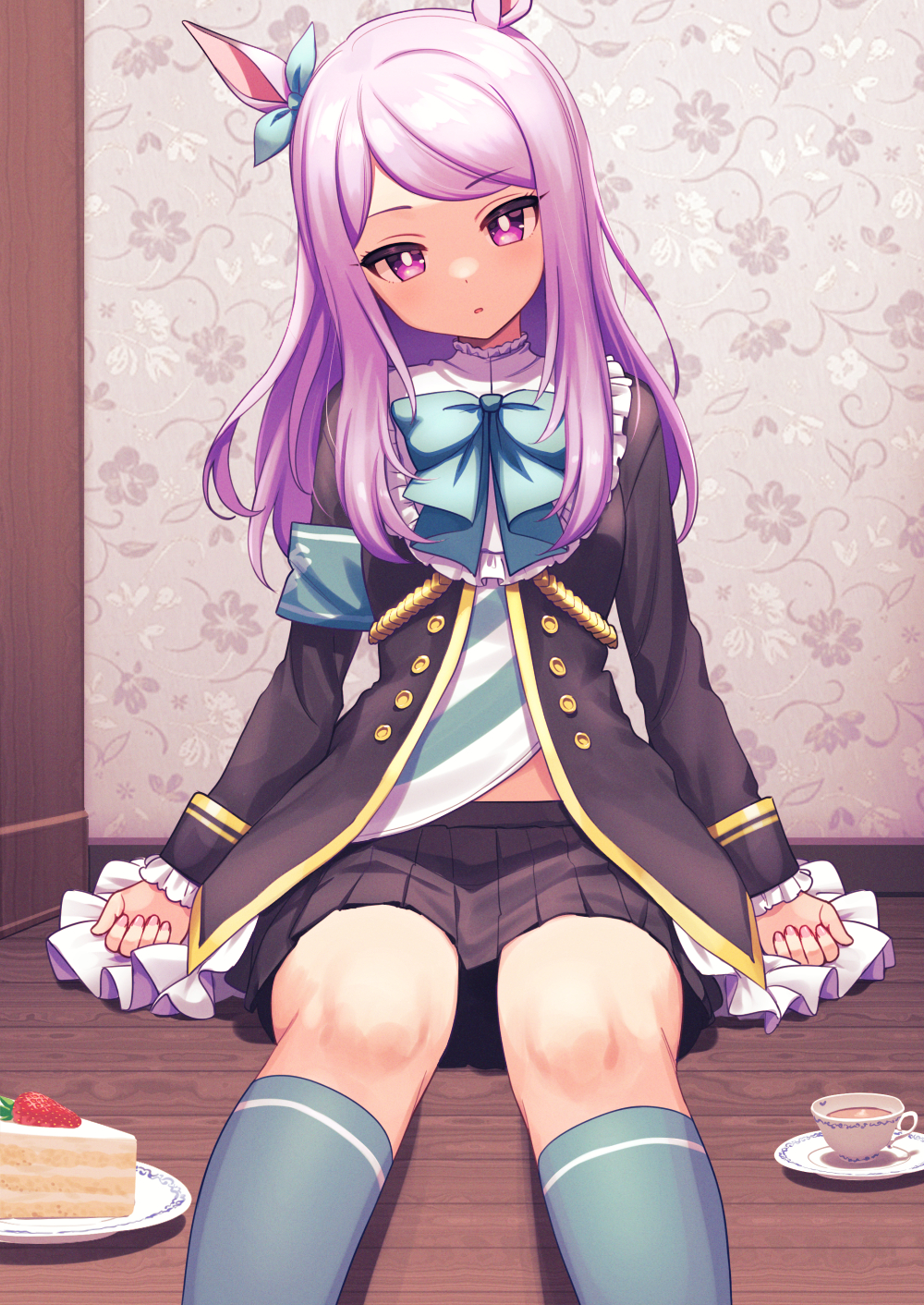 1girl animal_ears armband black_jacket black_skirt blue_bow blue_legwear blue_ribbon bow bowtie cake cup deadnooodles ear_ribbon food frilled_jacket head_tilt highres horse_ears horse_girl jacket kneehighs long_hair long_sleeves looking_at_viewer mejiro_mcqueen_(umamusume) on_floor parted_lips pink_hair pleated_skirt purple_hair ribbon sitting skirt solo teacup umamusume very_long_hair violet_eyes wooden_floor