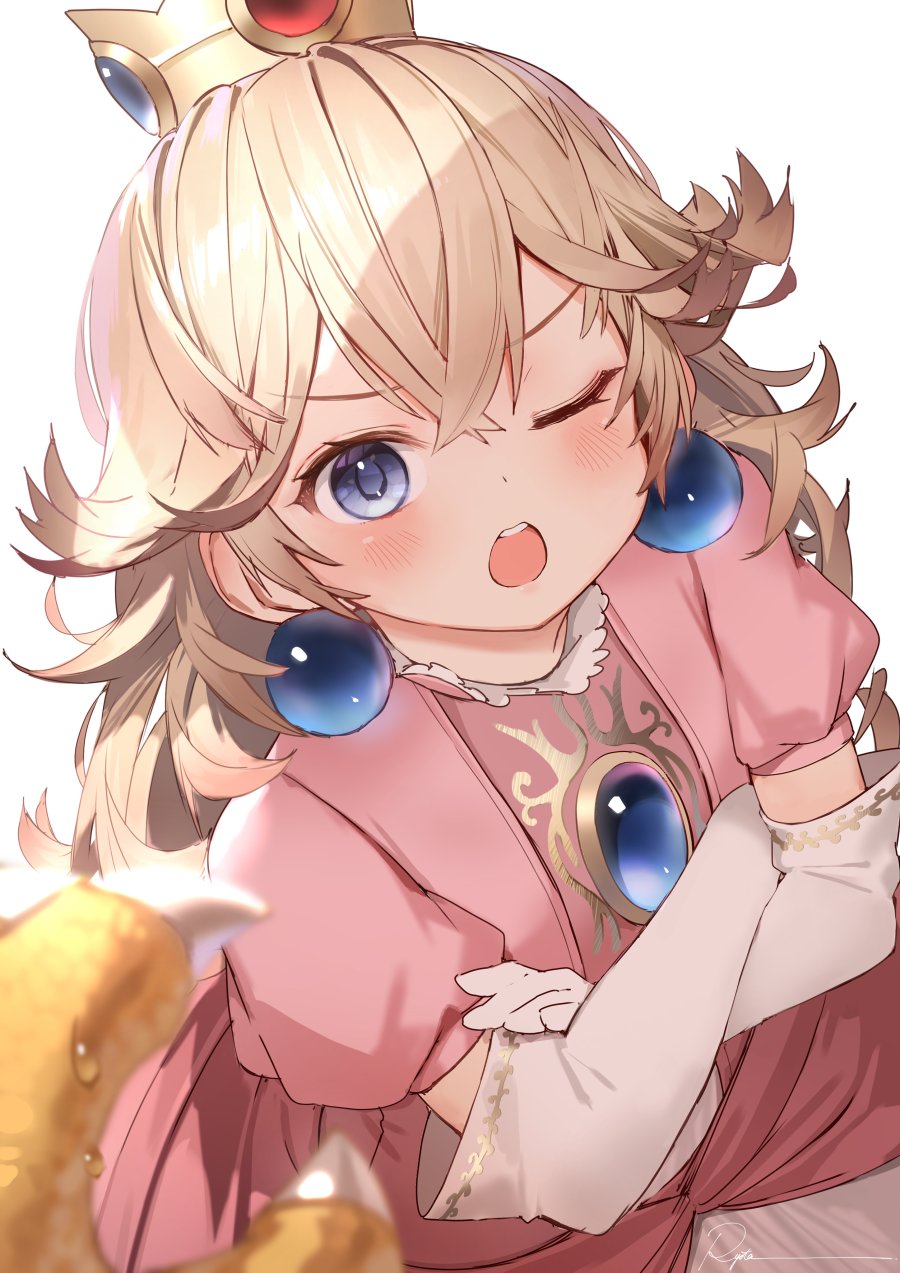 1girl blonde_hair blue_eyes blush bowser crossed_arms crown earrings elbow_gloves gloves hair_between_eyes highres jewelry long_hair looking_at_viewer super_mario_bros. one_eye_closed open_mouth princess_peach ryota_(ry_o_ta) simple_background solo_focus upper_body white_background white_gloves