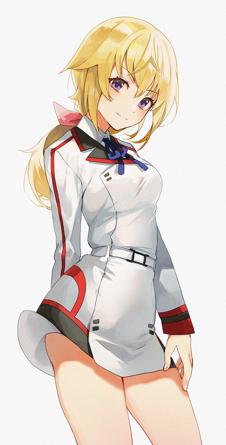 1girl arm_behind_back belt blonde_hair blue_ribbon breasts charlotte_dunois collared_shirt cowboy_shot highres hiroki_(yyqw7151) infinite_stratos infinite_stratos_academy_uniform long_hair medium_breasts neck_ribbon ribbon shirt simple_background tied_hair violet_eyes white_background wing_collar