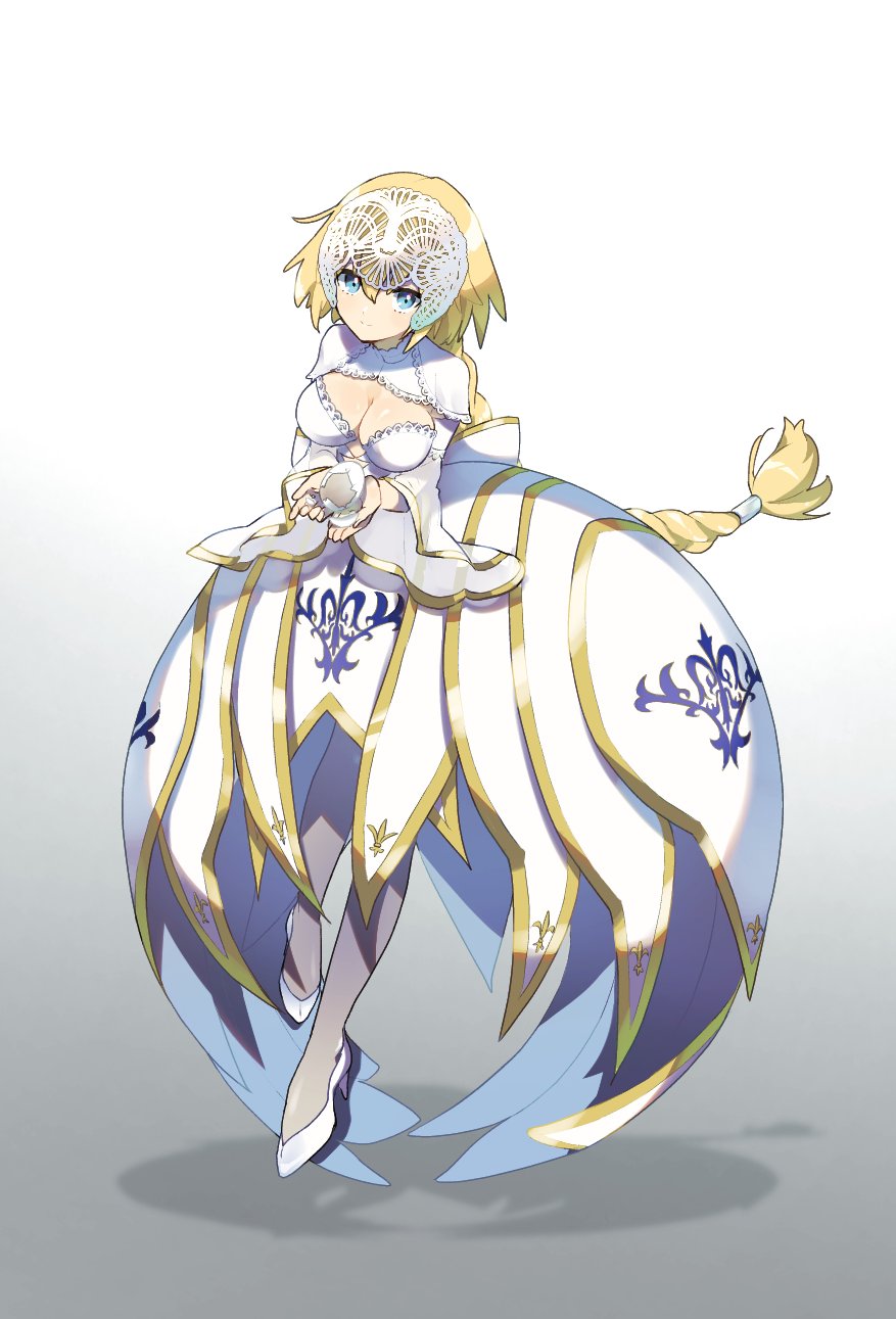 1girl bangs blonde_hair blue_eyes braid braided_ponytail breasts dress egg fate/apocrypha fate/grand_order fate_(series) grey_legwear hair_between_eyes hairband headpiece highres holding holding_egg jeanne_d'arc_(fate) jeanne_d'arc_(fate)_(all) kabutomushi_s long_hair looking_at_viewer ponytail shadow simple_background solo standing standing_on_one_leg thigh-highs white_background