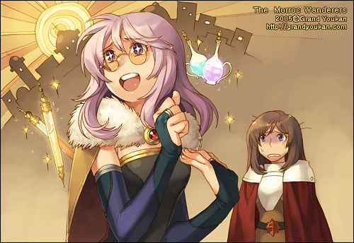 2girls alchemist_(ragnarok_online) armor bangs black_dress blue_gloves bottle breastplate bridal_gauntlets brown_cape brown_dress brown_hair cape city commentary dated_commentary dress elbow_gloves english_commentary eyebrows_visible_through_hair fur_collar glasses gloves grandyoukan light_purple_hair long_hair looking_at_another looking_to_the_side lord_knight_(ragnarok_online) lowres multiple_girls nervous open_mouth pauldrons potion ragnarok_online red_cape round_eyewear shoulder_armor star_(symbol) star_in_eye strapless strapless_dress symbol_in_eye upper_body vial violet_eyes watermark web_address