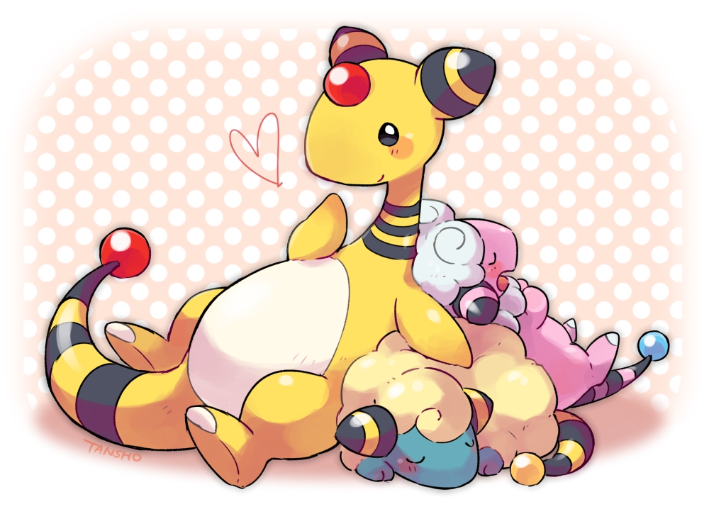 ampharos artist_name blush blush_stickers closed_eyes closed_mouth commentary_request evolutionary_line flaaffy gen_2_pokemon heart lying mareep no_humans on_back on_stomach pokemon pokemon_(creature) polka_dot polka_dot_background sheep sleeping smile tansho
