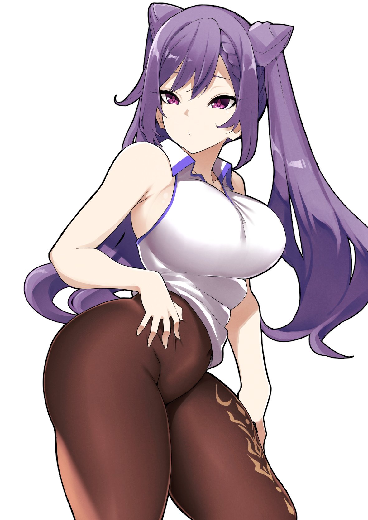 1girl bangs breasts brown_legwear cowboy_shot genshin_impact hand_on_own_stomach high-waist_pantyhose highres keqing_(genshin_impact) large_breasts long_hair looking_to_the_side manabebebe no_pants open_collar pantyhose purple_hair shirt sidelocks simple_background sleeveless solo standing thick_thighs thighs twintails violet_eyes white_background white_shirt