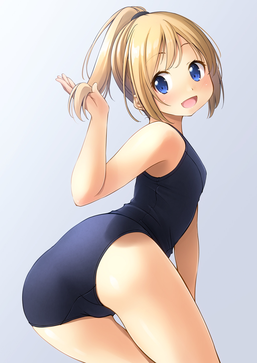 1girl :d ass bangs bare_arms bare_shoulders black_swimsuit blue_background blue_eyes blush breasts commentary_request eyebrows_visible_through_hair gradient gradient_background hand_up high_ponytail highres looking_at_viewer looking_back old_school_swimsuit one-piece_swimsuit open_mouth original ponytail school_swimsuit shibacha small_breasts smile solo swimsuit