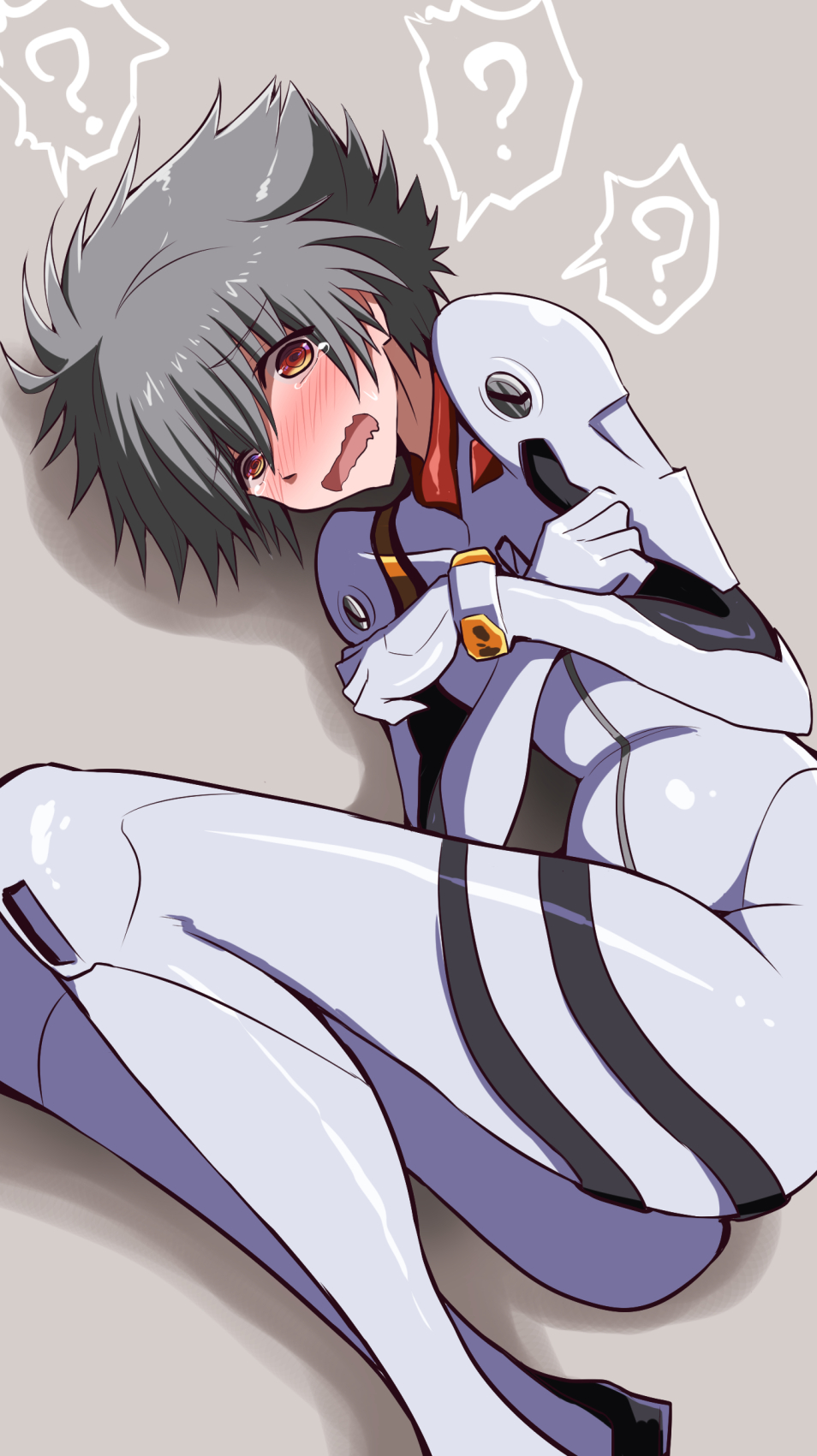 1boy ? ayanami_rei ayanami_rei_(cosplay) blush bodysuit brown_eyes commentary_request cosplay covering covering_chest crossdressinging embarrassed feet_out_of_frame fetal_position fujitaka_nasu grey_background grey_hair highres interface_headset lying nagisa_kaworu neon_genesis_evangelion nose_blush on_side plugsuit solo spoken_question_mark white_bodysuit