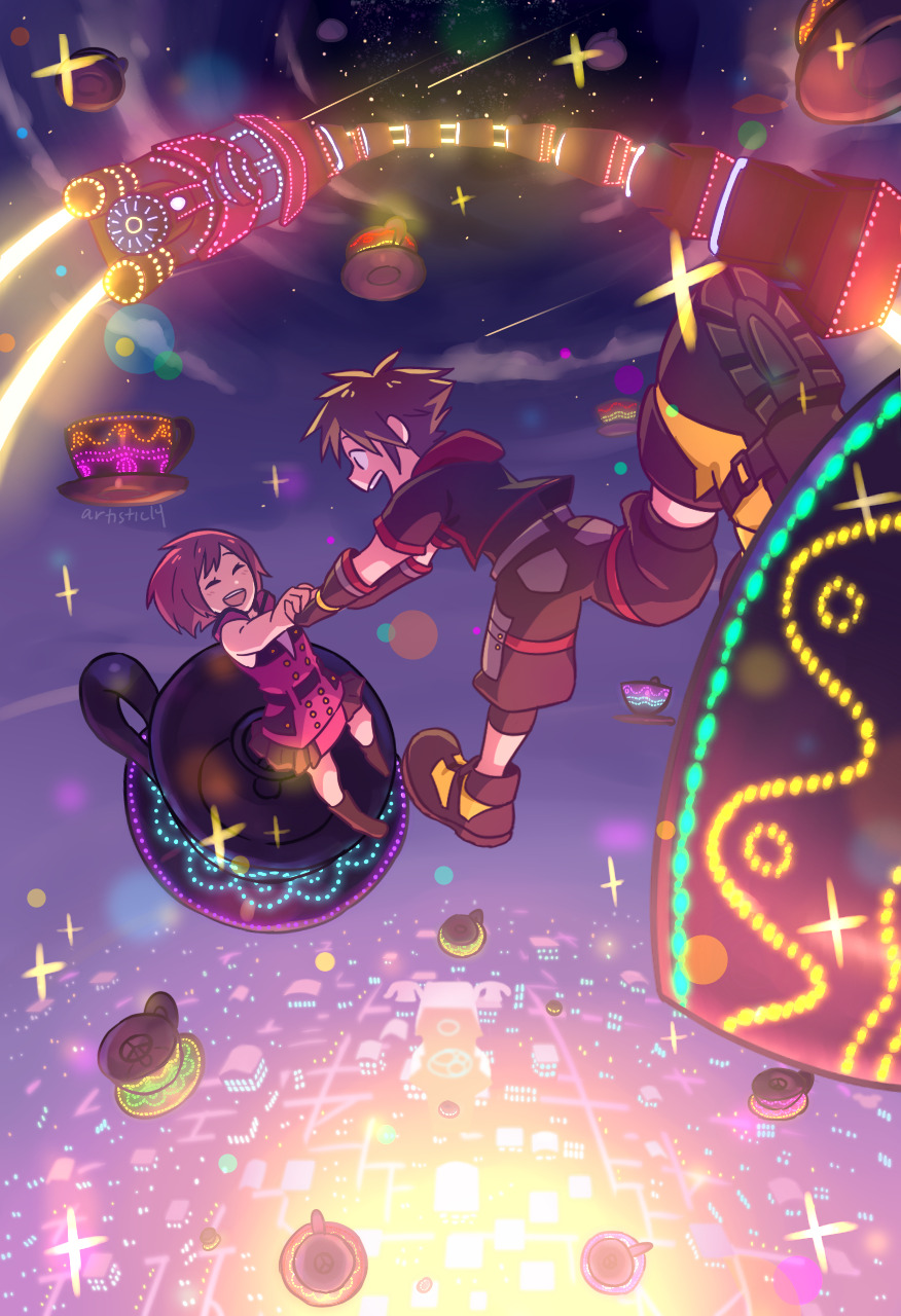 1boy 1girl artastiq boots brown_hair city cup happy highres hood hoodie kairi_(kingdom_hearts) kingdom_hearts kingdom_hearts_iii midair night night_sky redhead roller_coaster short_hair skirt sky sleeveless smile sora_(kingdom_hearts) sparkle spiky_hair teacup