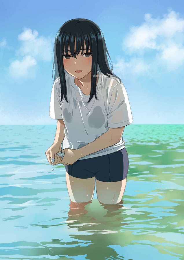 1girl artist_name black_hair blush long_hair looking_at_viewer mattaku_mousuke ocean original outdoors solo wading water watermark wet wringing_clothes