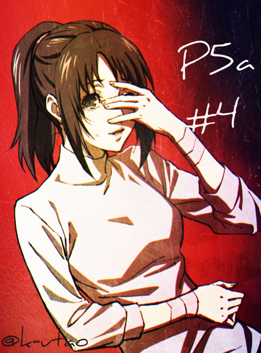 1girl bandages brown_eyes brown_hair copyright_name k_utao long_hair long_sleeves open_mouth persona persona_5 ponytail red_background shiny shiny_hair solo suzui_shiho sweater tears turtleneck turtleneck_sweater twitter_username upper_body white_sweater