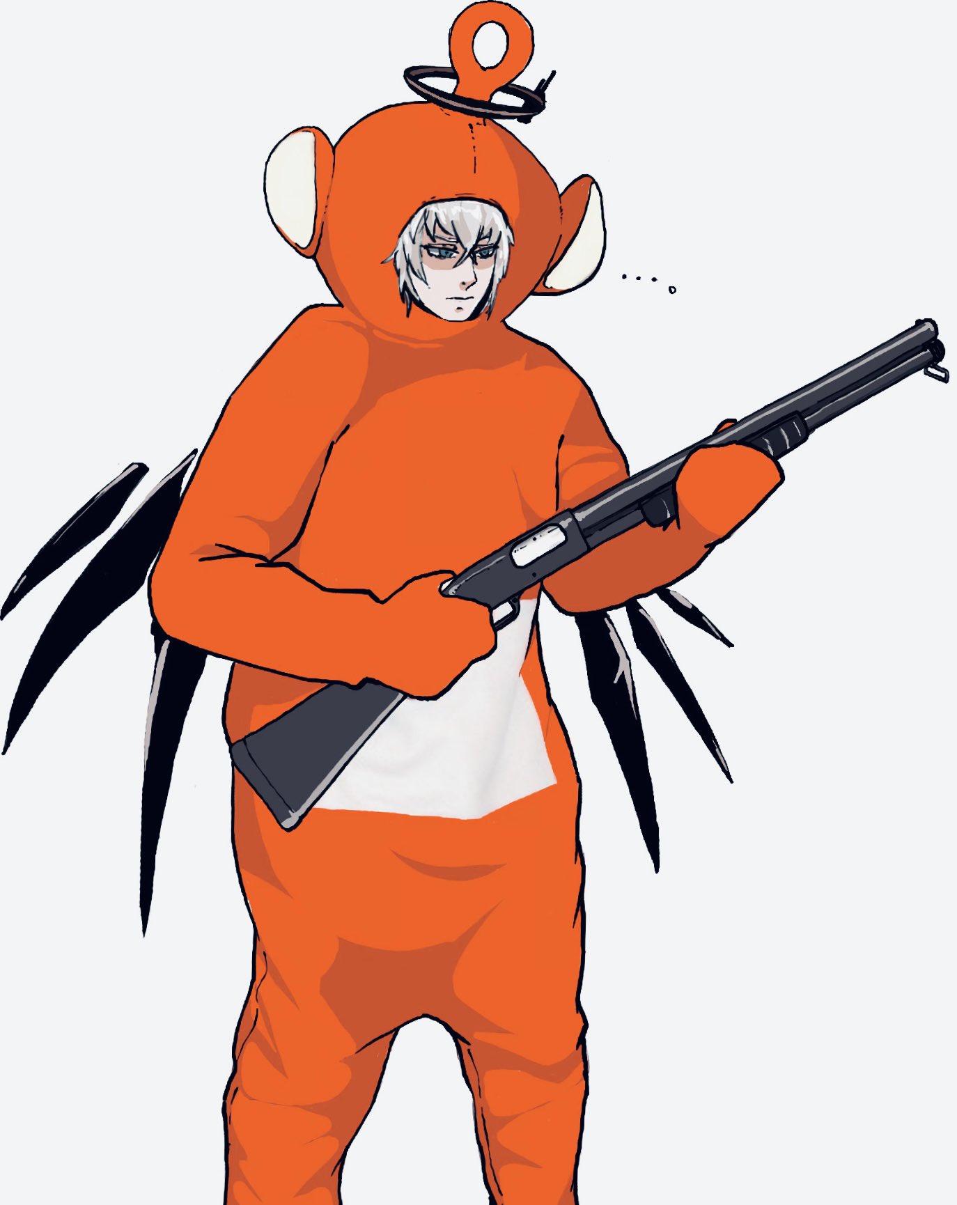 ... 1boy arknights blue_eyes bodysuit commentary cosplay cowboy_shot detached_wings executor_(arknights) grey_hair gun halo highres holding holding_gun holding_weapon meme monyu2020 onesie orange_bodysuit parody shaded_face shotgun simple_background solo symbol_commentary teletubbies weapon white_background wings