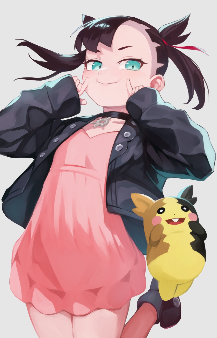 1girl ankle_boots asymmetrical_bangs bangs black_choker black_footwear black_jacket boots brown_hair choker chorogon closed_mouth commentary_request dress fingersmile floating_hair gen_8_pokemon green_eyes hair_ribbon hands_up highres jacket leg_up long_sleeves marnie_(pokemon) morpeko morpeko_(full) open_clothes open_jacket pink_dress pokemon pokemon_(creature) pokemon_(game) pokemon_swsh red_ribbon ribbon sleeves_past_wrists smile