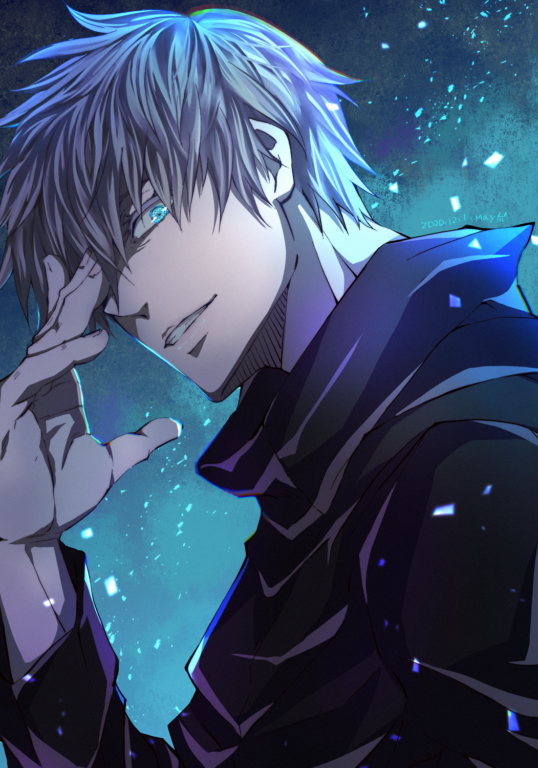 1boy bangs black_jacket blue_background blue_eyes dated gojou_satoru hair_between_eyes hand_over_eye high_collar highres jacket jujutsu_kaisen light_particles long_sleeves looking_at_viewer male_focus may_(illust_man_2020) one_eye_covered parted_lips short_hair solo upper_body white_hair