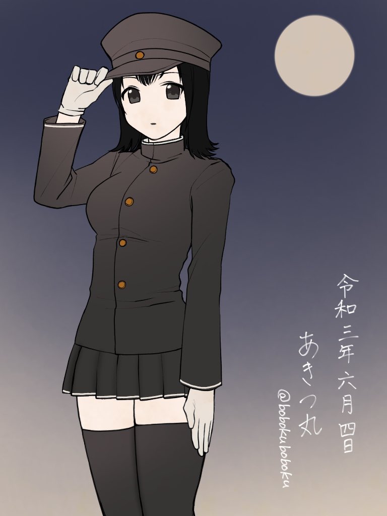 1girl akitsu_maru_(kancolle) black_eyes black_hair black_headwear black_legwear bobokuboboku commentary_request cowboy_shot full_moon hat holding holding_clothes holding_hat kantai_collection military military_hat military_uniform moon night pale_skin peaked_cap pleated_skirt remodel_(kantai_collection) short_hair skirt solo thigh-highs translation_request twitter_username uniform