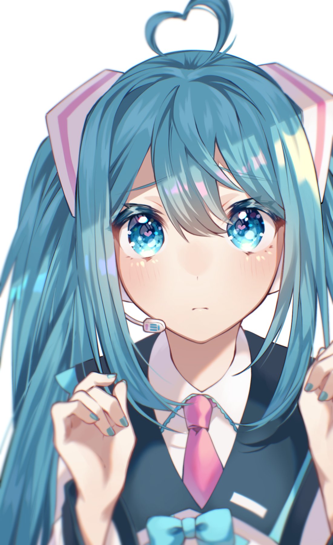 1girl ahoge aqua_bow aqua_eyes aqua_hair aqua_nails aqua_shirt bow bowtie commentary frown furrowed_brow hair_ornament hands_up hatsune_miku heart heart_ahoge heart_in_eye highres kurobikari long_hair looking_at_viewer nail_polish necktie pink_neckwear portrait shirt sidelocks solo sparkling_eyes symbol_in_eye twintails uniform very_long_hair vocaloid white_background