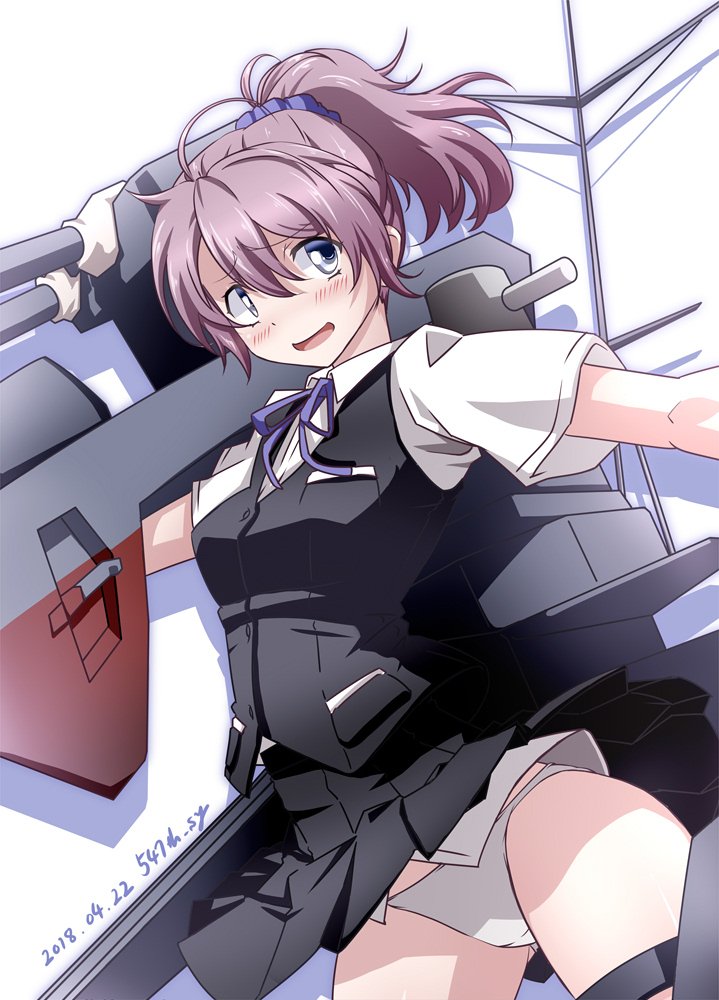1girl 547th_sy aoba_(kancolle) black_skirt black_vest blue_eyes blue_neckwear blue_scrunchie commentary_request cosplay cowboy_shot kantai_collection looking_at_viewer machinery neck_ribbon oyashio_(kancolle) oyashio_(kancolle)_(cosplay) panties pantyshot pleated_skirt ponytail purple_hair ribbon school_swimsuit scrunchie short_hair simple_background skirt solo swimsuit underwear vest white_background white_panties