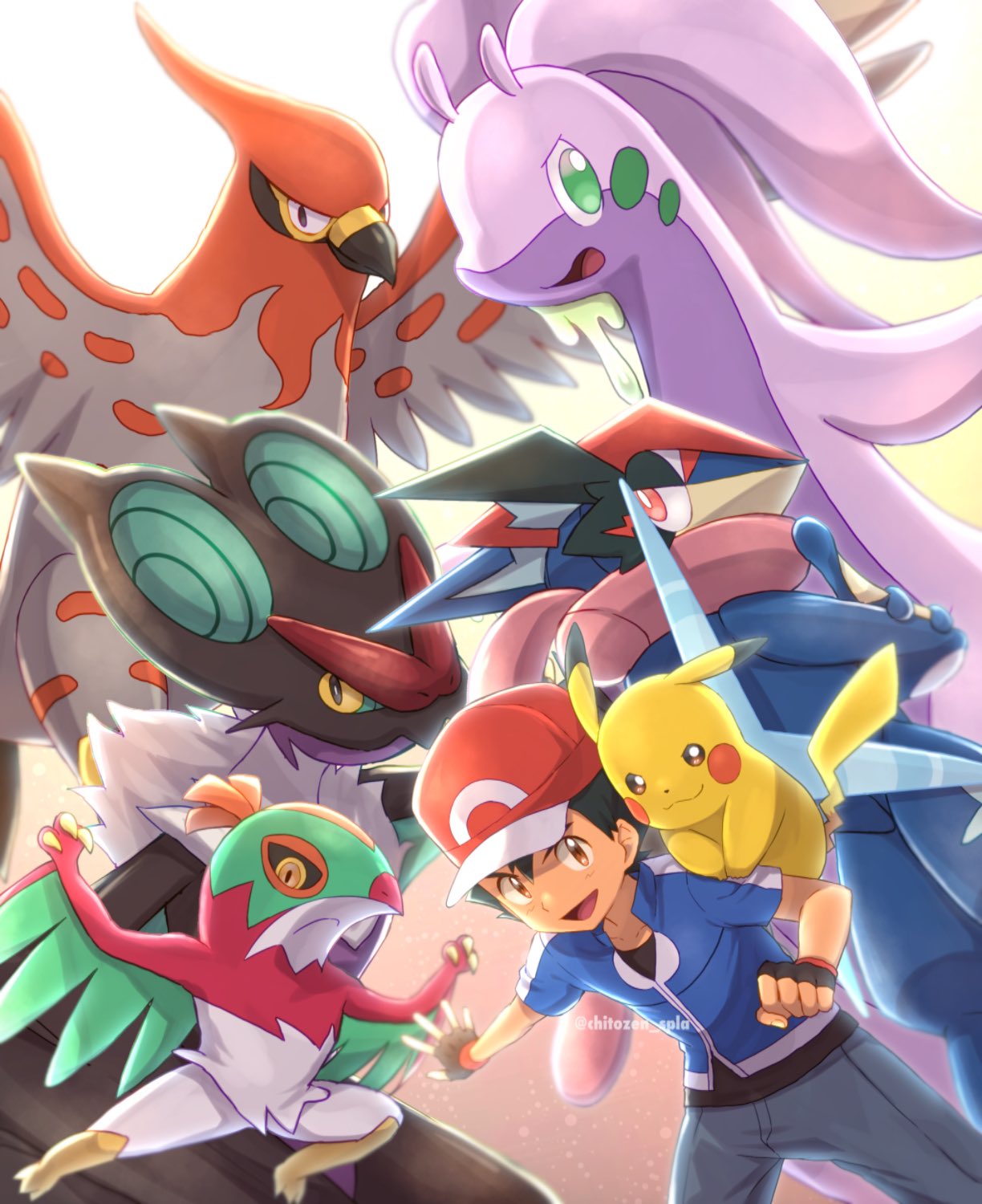 1boy :d ash-greninja ash_ketchum bangs baseball_cap blue_jacket brown_eyes chitozen_(pri_zen) commentary fingerless_gloves gen_1_pokemon gen_6_pokemon gloves goodra greninja grey_pants hat hawlucha highres jacket looking_at_viewer male_focus noivern open_mouth pants pikachu pokemon pokemon_(anime) pokemon_(creature) pokemon_xy_(anime) red_headwear shirt short_sleeves smile spread_fingers talonflame tongue twitter_username watermark