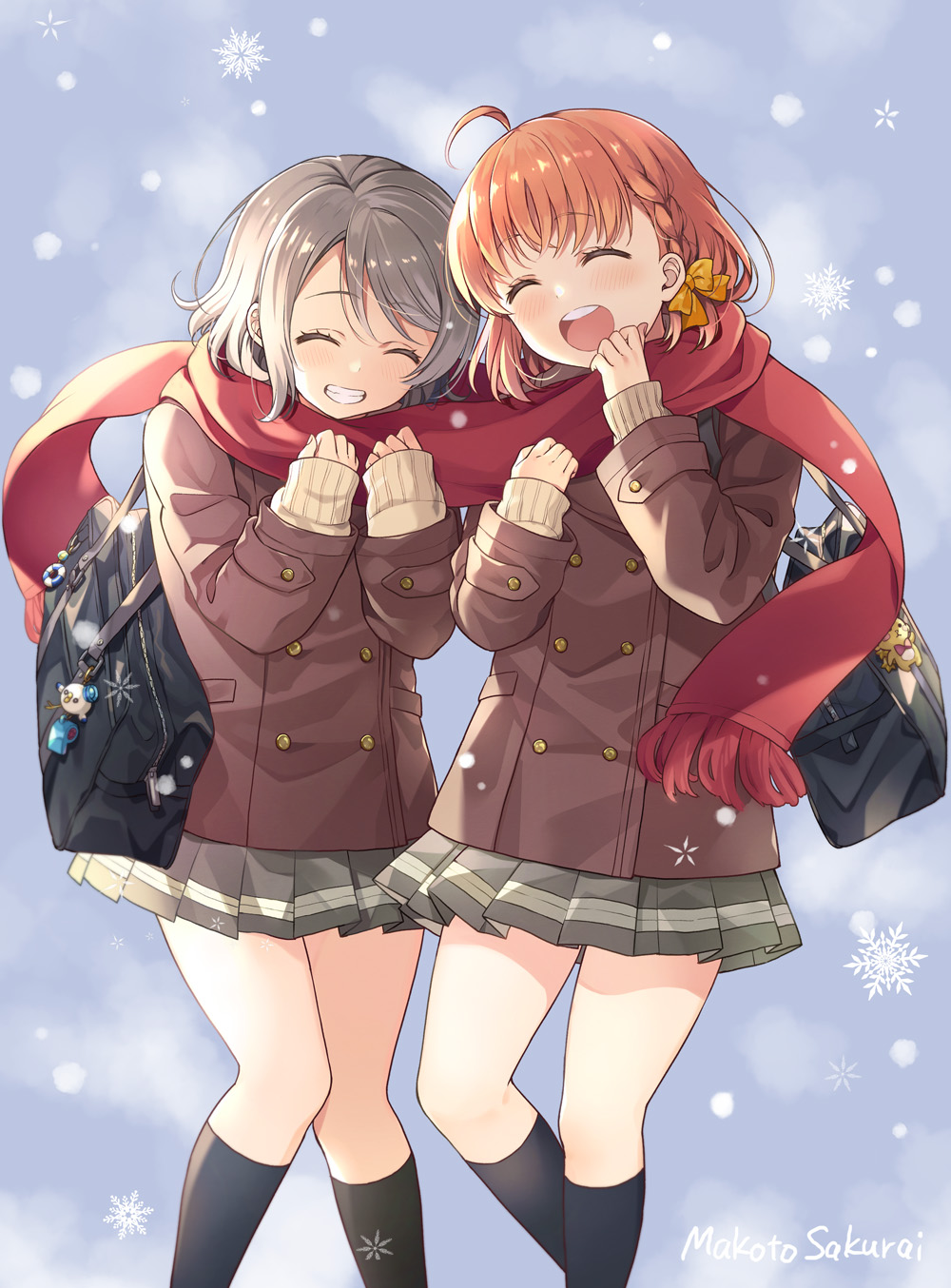 2girls ahoge artist_name bag beige_sweater black_legwear blue_background bow braid brown_coat buttons closed_mouth coat commentary_request cover_image double-breasted eyebrows_visible_through_hair feet_out_of_frame grey_hair grey_skirt hair_bow hands_up highres kneehighs laughing long_sleeves love_live! love_live!_sunshine!! multiple_girls open_mouth orange_hair pleated_skirt red_scarf sakurai_makoto_(custom_size) scarf school_bag shared_scarf short_hair shoulder_bag side_braid skirt smile snowflakes snowing takami_chika teeth upper_teeth watanabe_you yellow_bow