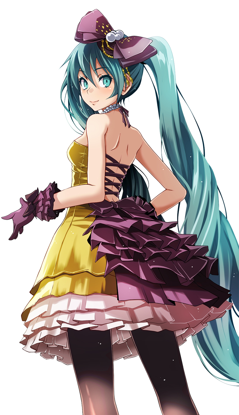 1girl aqua_eyes bangs black_legwear blue_hair bow closed_mouth dress eyebrows_visible_through_hair from_behind gloves hair_between_eyes hair_bow hatsune_miku highres layered_dress long_hair looking_at_viewer looking_back pantyhose project_diva_(series) purple_bow purple_gloves shiny shiny_hair short_dress shoulder_blades simple_background sleeveless sleeveless_dress smile solo standing tsukishiro_saika twintails very_long_hair vocaloid white_background yellow_dress