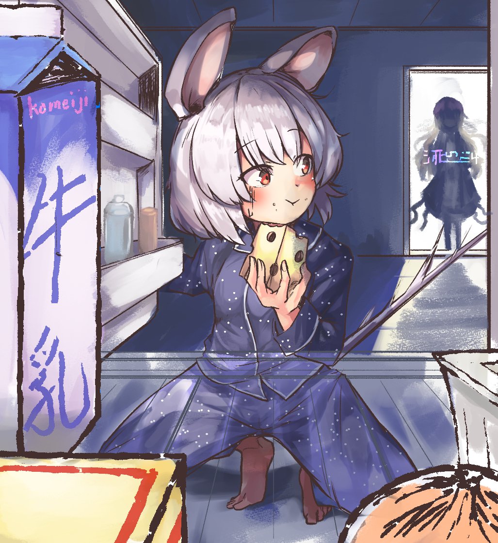 2girls :t animal_ears barefoot blush breasts carton cheese doorway eating food ginnkei grey_hair hijiri_byakuren mouse_ears mouse_tail multiple_girls nazrin pajamas pov red_eyes refrigerator see-through short_hair silhouette small_breasts squatting tail touhou