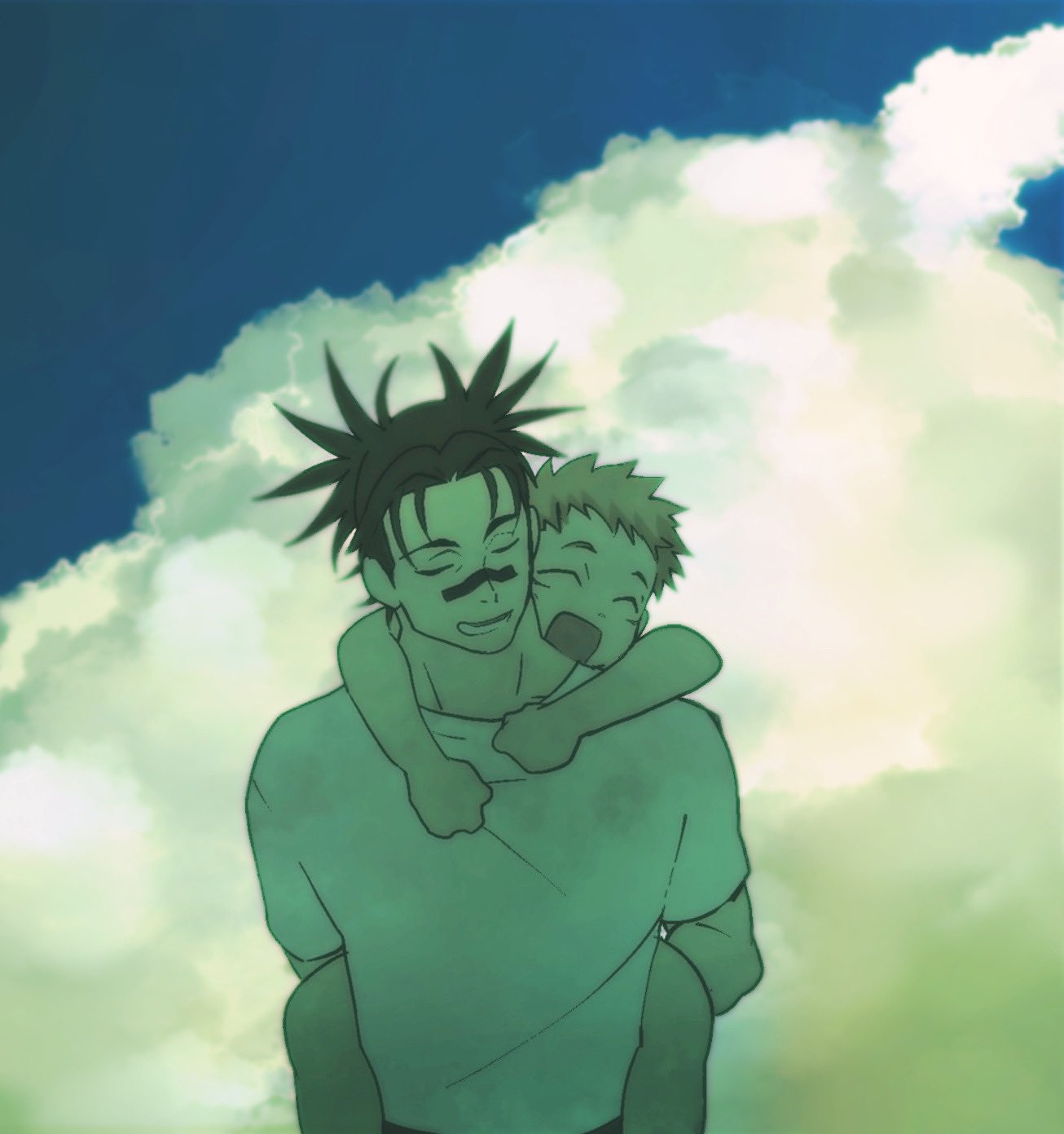 2boys bangs black_hair blue_sky carrying child choso_(jujutsu_kaisen) closed_eyes clouds cloudy_sky day highres itadori_yuuji jujutsu_kaisen male_focus multiple_boys outdoors piggyback pink_hair saitoukuniko-3 shirt shirt_grab short_sleeves sky smile t-shirt tattoo twintails upper_body white_shirt younger