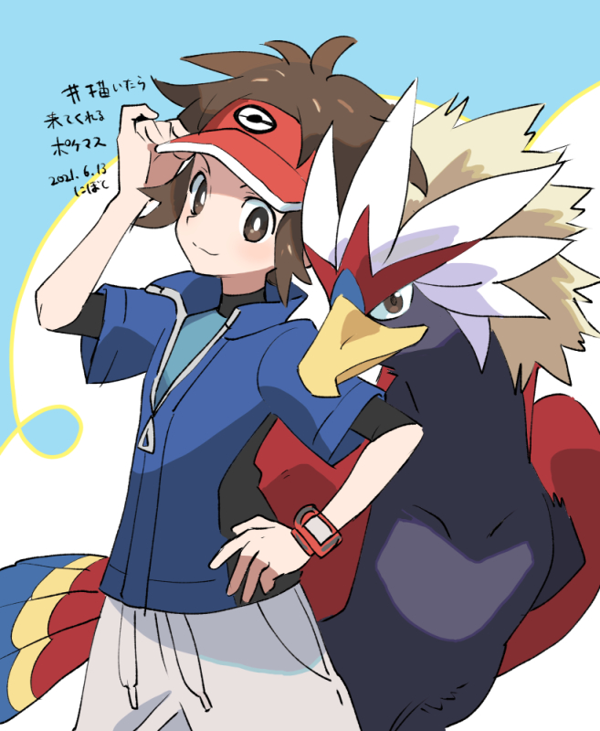 1boy blue_jacket braviary bright_pupils brown_eyes brown_hair closed_mouth commentary_request gen_5_pokemon hand_on_headwear hand_on_hip jacket male_focus nate_(pokemon) nibo_(att_130) pokemon pokemon_(creature) pokemon_(game) pokemon_bw2 pokemon_masters_ex red_headwear short_sleeves smile translation_request visor_cap white_pupils zipper_pull_tab