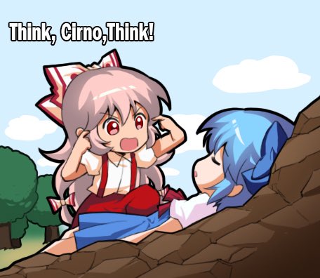 2girls blue_bow blue_hair bow chibi cirno closed_eyes clouds commentary day english_text eyebrows_visible_through_hair fujiwara_no_mokou hair_bow invincible_(series) jokanhiyou lowres meme multiple_girls open_mouth outdoors red_eyes think_mark_think!_(meme) touhou tree