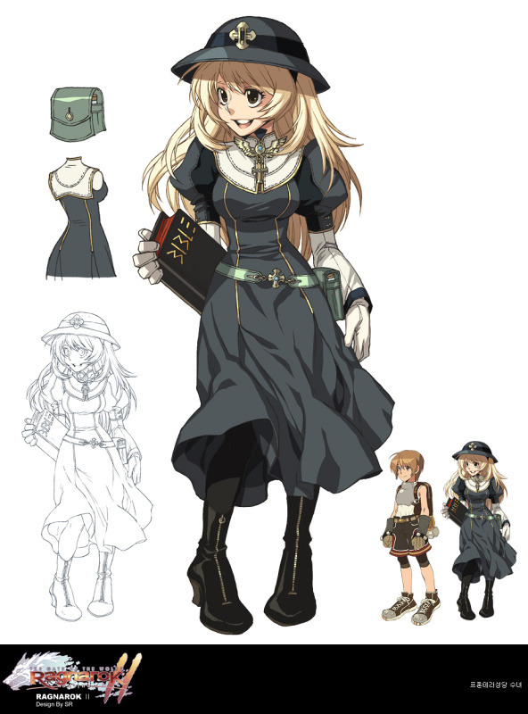 1boy 1girl bangs bible black_dress black_footwear blonde_hair book boots breasts brown_hair character_request concept_art dress full_body gloves grandyoukan habit hat holding holding_book juliet_sleeves korean_text long_hair long_sleeves looking_afar medium_breasts novice_(ro2) official_art open_mouth puffy_sleeves ragnarok_online_2:_gate_of_the_world simple_background translation_request white_background white_gloves