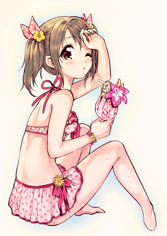 1girl amezawa_koma barefoot bikini_skirt blush brown_eyes brown_hair flower from_side grey_background hair_flower hair_ornament holding idolmaster idolmaster_cinderella_girls imai_kana looking_at_viewer looking_to_the_side one_eye_closed parted_lips pink_flower pink_skirt red_ribbon ribbon simple_background sitting skirt solo twintails yellow_flower