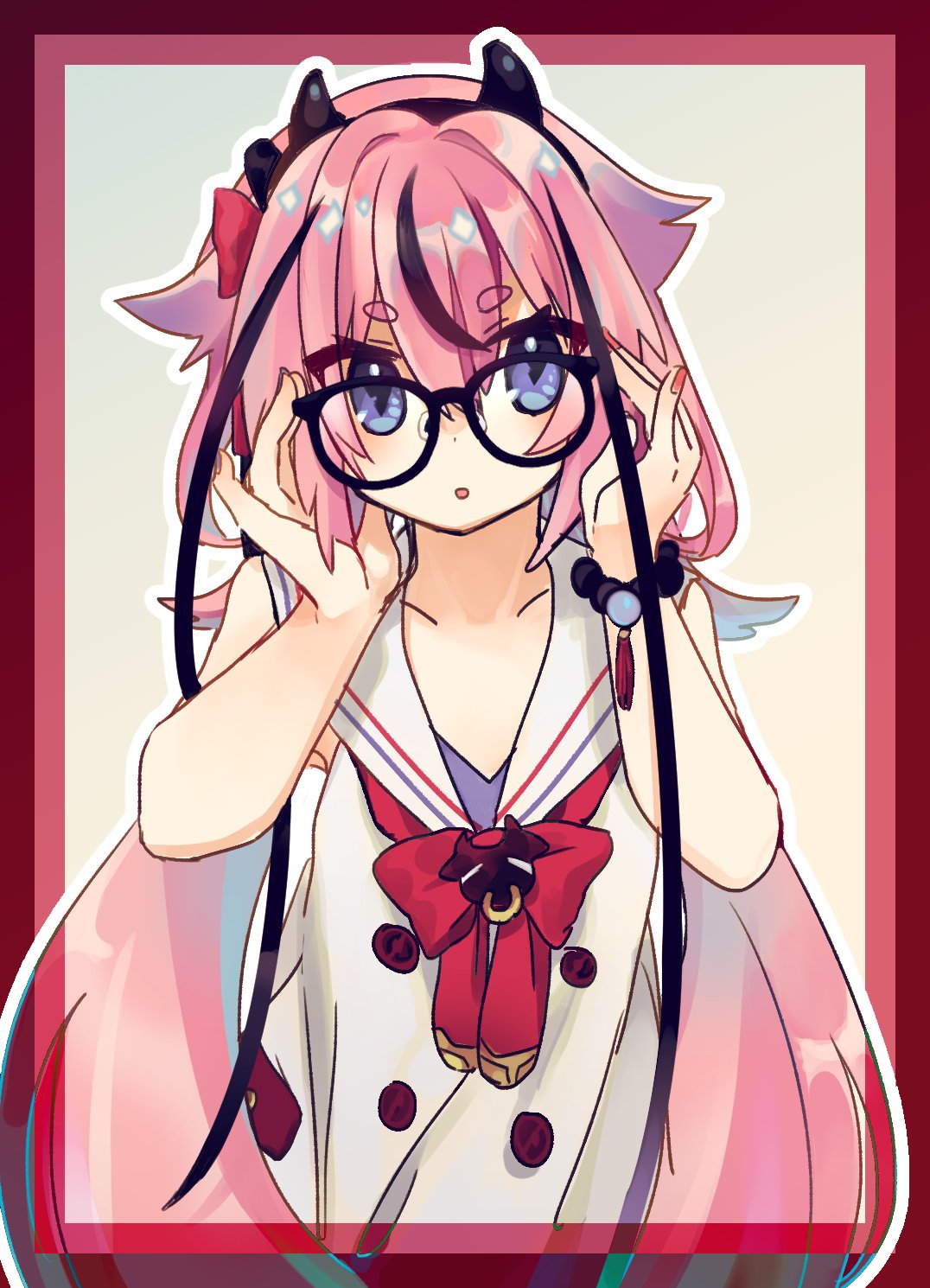 1other adjusting_eyewear bare_shoulders bespectacled blue_eyes collar collarbone commentary framed glasses gynoid_talk hair_flaps hairband highres horns ishitsuki_(_0101_831) japanese_clothes long_hair looking_at_viewer meika_hime neck_ribbon pink_hair red_neckwear ribbon sailor_collar shirt sleeveless solo symbol_commentary twintails upper_body very_long_hair vocaloid white_collar white_shirt