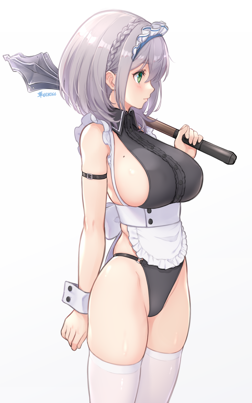 1girl apron arm_at_side arm_strap bare_shoulders black_leotard blush braid breasts buckle closed_mouth cowboy_shot crown_braid dan_(kumadan) frilled_apron frills from_side green_eyes highleg highleg_leotard highres holding holding_weapon hololive large_breasts leotard mace maid_headdress mole mole_on_breast profile shirogane_noel sideboob silver_hair simple_background skirt solo thigh-highs underbust virtual_youtuber waist_apron weapon white_apron white_background white_legwear wrist_cuffs