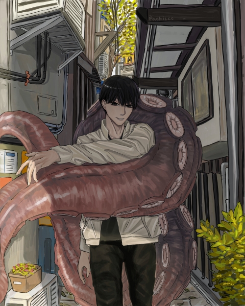 1boy alley black_eyes black_hair black_pants black_shirt chainsaw_man collarbone jacket long_sleeves looking_at_viewer male_focus mole mole_under_mouth pachiccc pants shirt short_hair sitting smile solo suction_cups tentacles white_jacket yoshida_hirofumi