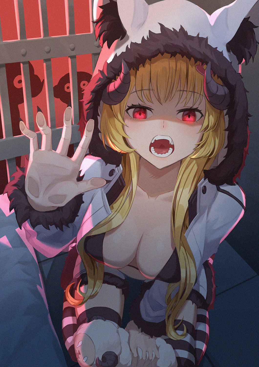 animal_hood arm_up bars blonde_hair breasts from_above fur_trim highres hololive hood horns icewind0223 indoors large_breasts long_hair looking_at_viewer open_mouth red_eyes shaded_face silhouette sitting solo striped striped_legwear teeth thigh-highs toy tsunomaki_watame virtual_youtuber