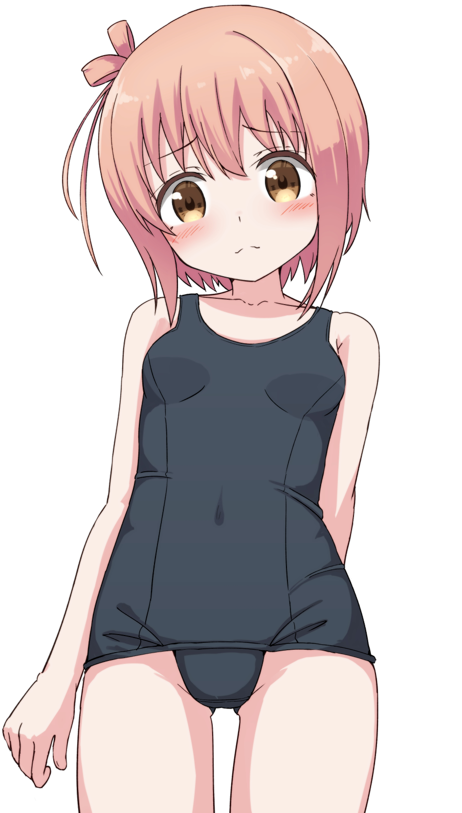 1girl bangs bare_arms bare_shoulders black_swimsuit blush breasts brown_eyes brown_hair closed_mouth collarbone covered_navel eyebrows_visible_through_hair hair_between_eyes head_tilt highres hippo_(hirople) ichinose_hana old_school_swimsuit one-piece_swimsuit one_side_up school_swimsuit short_hair slow_start small_breasts solo swimsuit