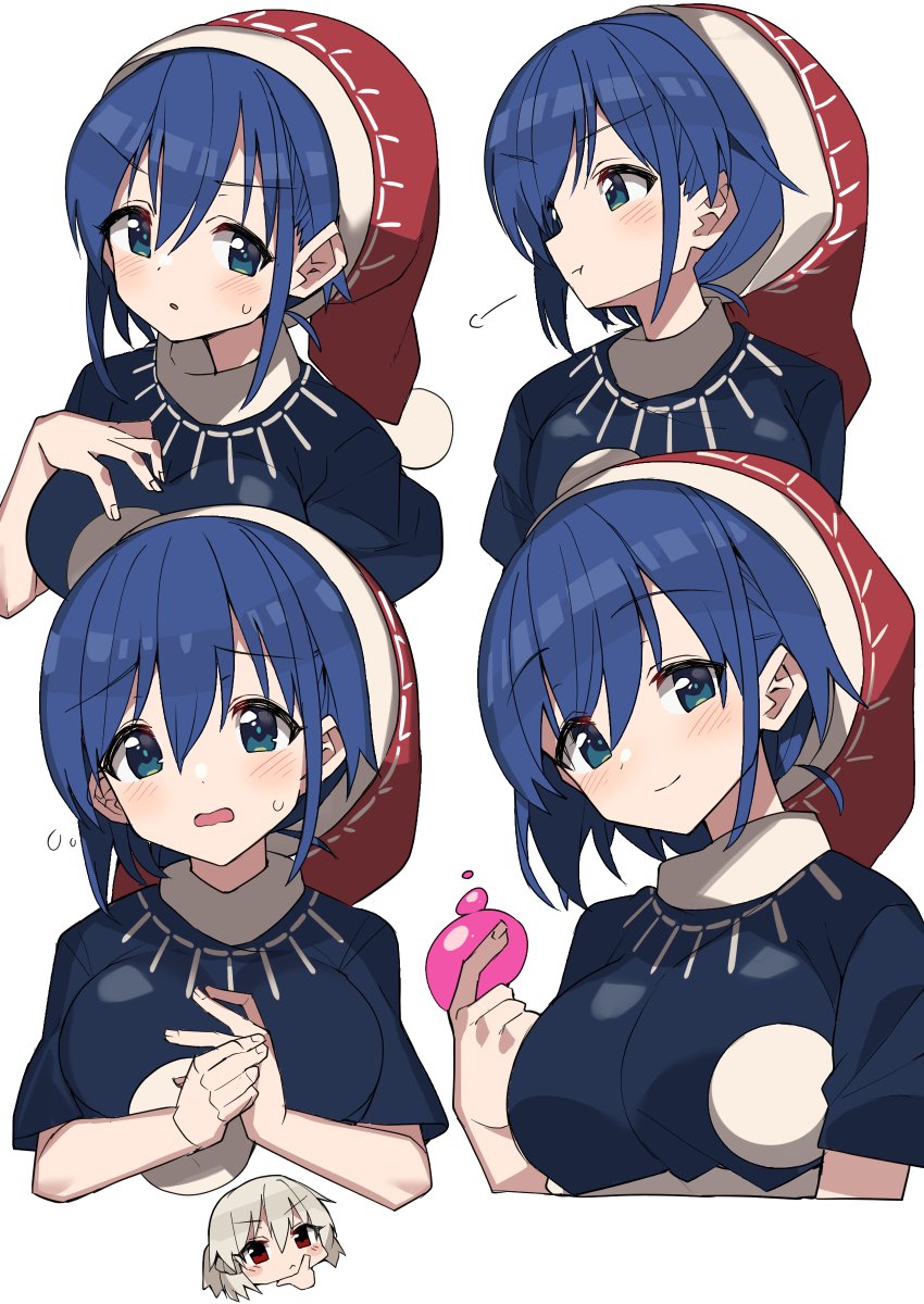 2girls bangs black_capelet blue_hair breasts capelet closed_mouth doremy_sweet dream_soul expressions eyebrows_visible_through_hair grey_hair hand_on_own_chest hands_on_own_face hat highres holding kishin_sagume large_breasts looking_at_viewer multiple_girls nightcap open_mouth pom_pom_(clothes) pout red_eyes red_headwear sakaki_(utigi) short_hair short_sleeves simple_background smile sweatdrop thinking touhou v-shaped_eyebrows white_background