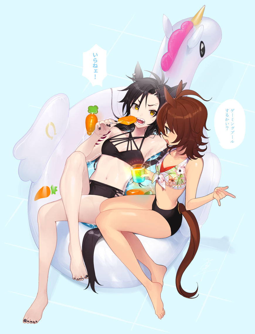 2girls \n/ agnes_tachyon_(umamusume) ahoge air_shakur_(umamusume) animal_ears arm_up barefoot beaker bikini black_bikini black_hair black_nails breasts brown_eyes brown_hair carrot_print commentary_request criss-cross_halter crossed_legs cup eating eyebrow_piercing floral_print food food_print front-tie_bikini front-tie_top frown glowing halterneck holding holding_cup holding_food horse_ears horse_girl horse_tail inflatable_toy long_hair looking_at_another lying medium_hair mismatched_bikini multiple_girls nail_polish navel on_back open_mouth orange_eyes partial_commentary piercing popsicle print_bikini sharp_teeth sitting small_breasts smile sweatdrop swimsuit tail tan3charge teeth toenail_polish translated umamusume