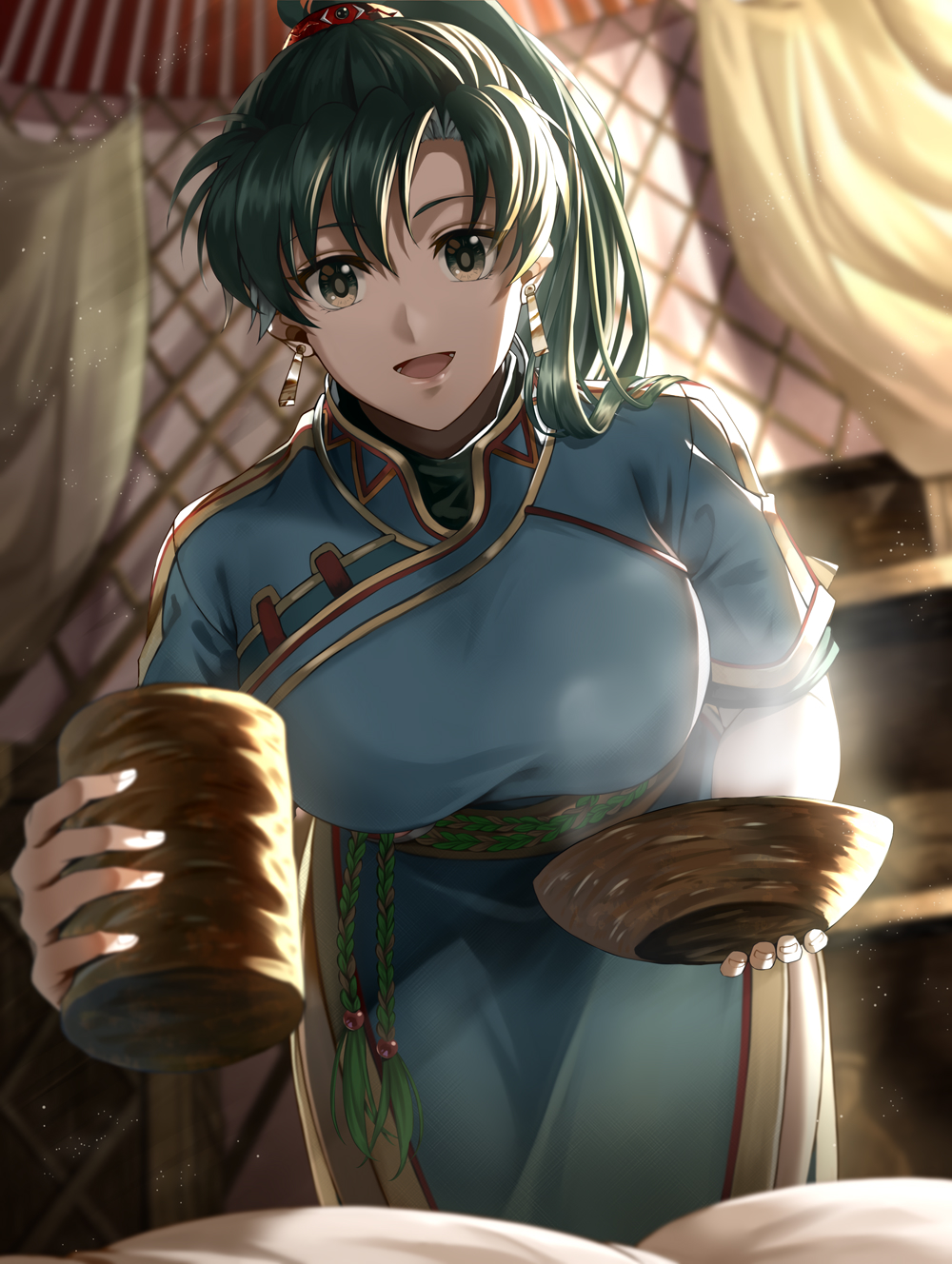 1girl bangs blue_dress bowl breasts cup delsaber dress earrings fire_emblem fire_emblem:_the_blazing_blade green_eyes green_hair highres jewelry looking_at_viewer lyn_(fire_emblem) open_mouth ponytail rope_belt smile sunlight