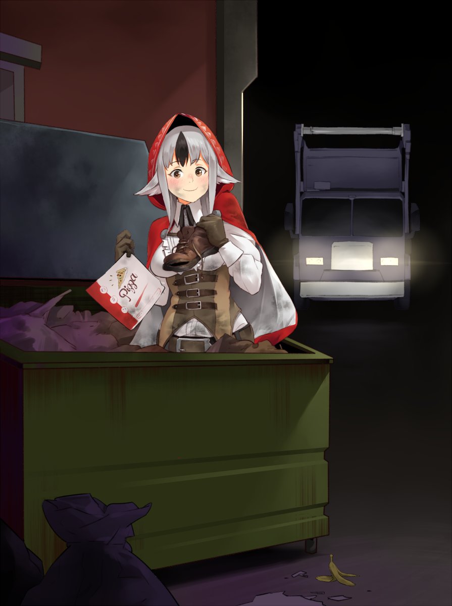 1girl black_hair breasts brown_eyes fire_emblem fire_emblem_fates food garbage_truck gloves grey_hair highres igni_tion medium_breasts multicolored_hair night pizza_box shoes smile trash trash_bag two-tone_hair velouria_(fire_emblem)