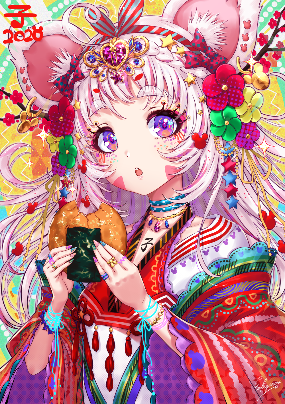 1girl 2020 animal_ears bangs blue_nails chinese_zodiac choker crystal flower green_flower green_nails hair_flower hair_ornament hands_up highres japanese_clothes jewelry kimono mouse_ears nail_polish open_mouth original pink_nails print_kimono purple_flower purple_nails red_flower ring sakiyamama solo sparkle upper_body violet_eyes year_of_the_rat yellow_flower