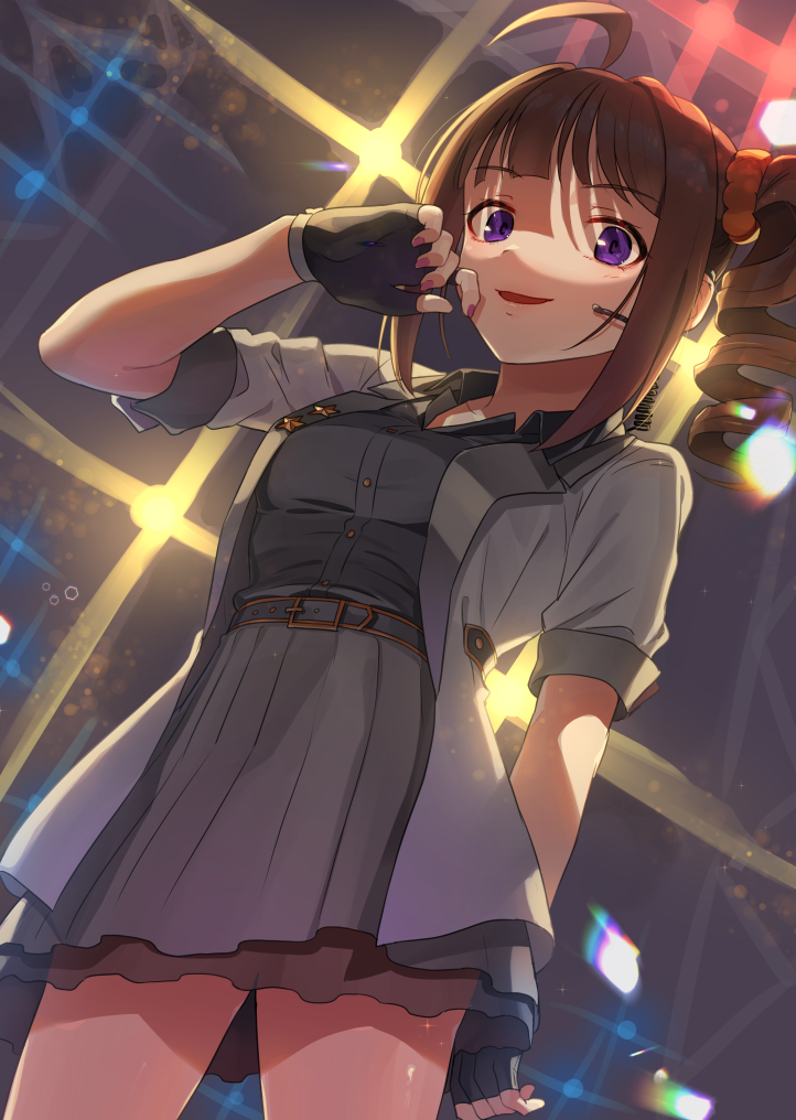 1girl ahoge arm_behind_back belt black_belt black_gloves black_shorts blouse blurry blurry_background brown_hair commentary cowboy_shot diffraction_spikes dress_shirt drill_hair english_commentary fingerless_gloves gloves grey_blouse grey_skirt headset idolmaster idolmaster_million_live! kamille_(vcx68) lady_grisaille_(idolmaster) looking_at_viewer medium_hair miniskirt open_mouth orange_scrunchie pleated_skirt scrunchie shirt short_sleeves shorts side_drill side_ponytail skirt smile solo stage_lights standing violet_eyes yokoyama_nao