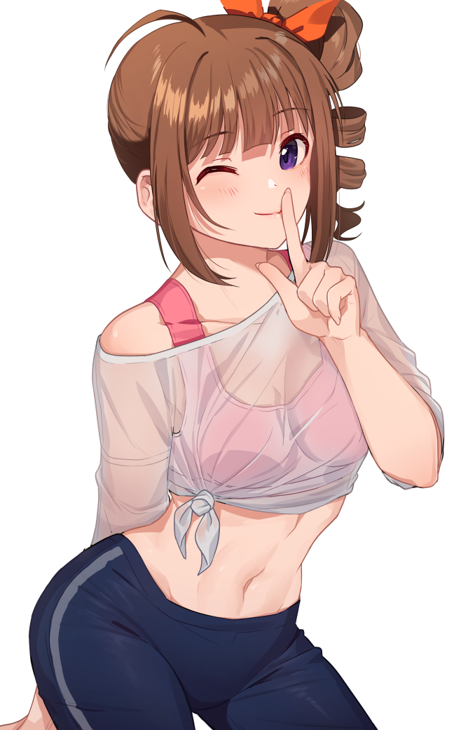 1girl ahoge arm_behind_back bike_shorts black_shorts brown_hair closed_mouth cowboy_shot drill_hair eyebrows_visible_through_hair finger_to_mouth hair_ribbon idolmaster idolmaster_million_live! kamille_(vcx68) looking_at_viewer midriff navel one_eye_closed orange_ribbon pink_sports_bra ribbon see-through shirt shorts shushing side_drill side_ponytail simple_background single_vertical_stripe smile solo sports_bra standing tied_shirt violet_eyes white_background white_shirt yokoyama_nao