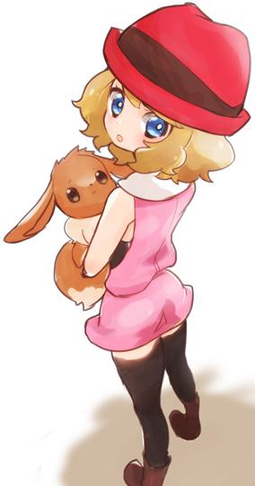 1girl black_legwear blonde_hair blue_eyes chorimokki eevee gen_1_pokemon hat looking_at_viewer open_mouth pokemon pokemon_(anime) pokemon_(creature) pokemon_(game) pokemon_xy serena_(pokemon) short_hair skirt sleeveless thigh-highs